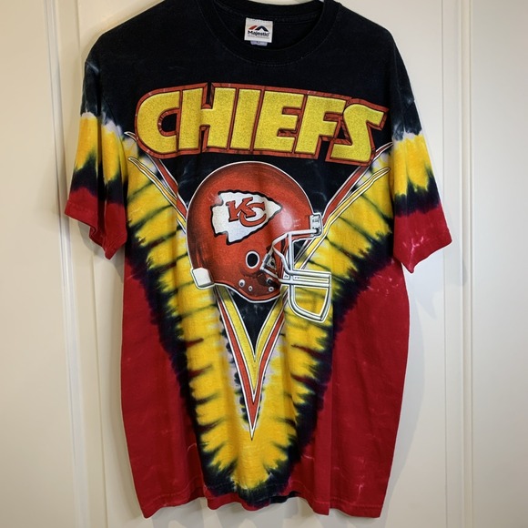 Vtg Majestic Men's Med Two Sided Kansas City Chiefs T Shirt Black Red Yellow